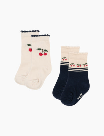 Two pairs of socks with cherry design on a white background