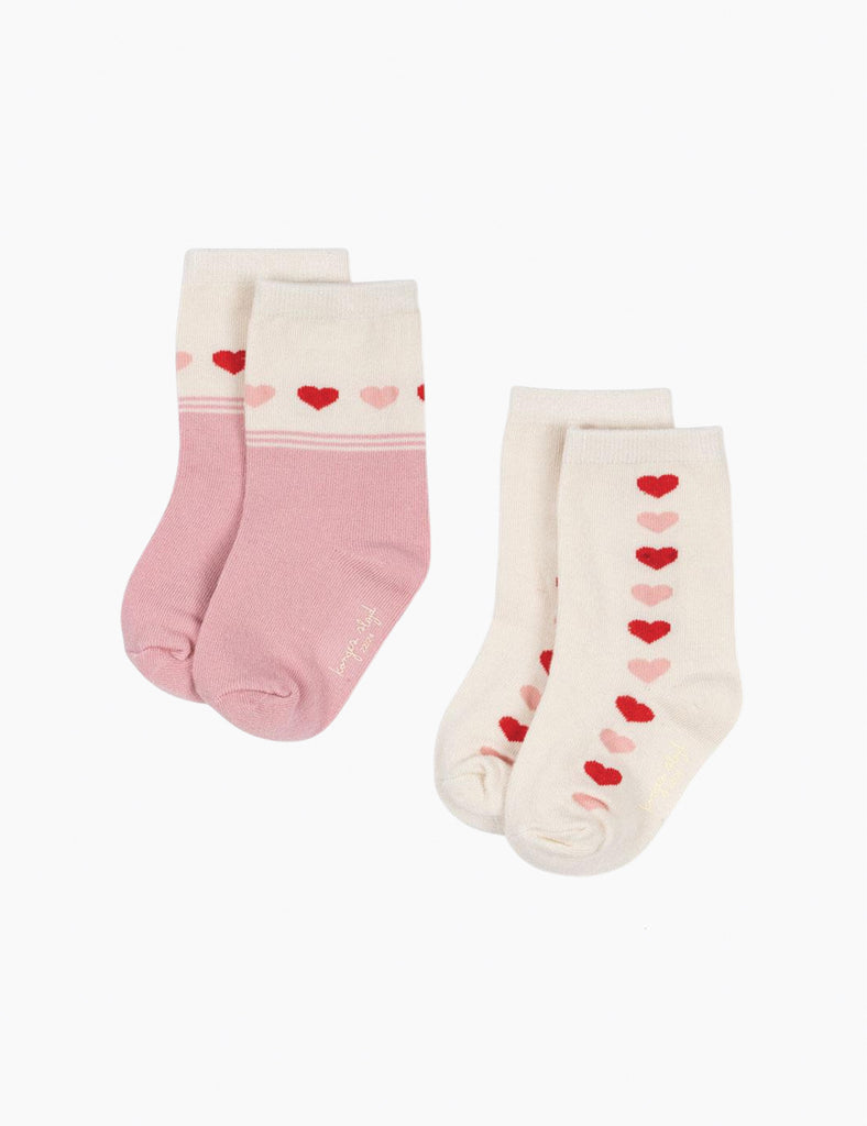 Two pairs of socks with heart patterns on a white background