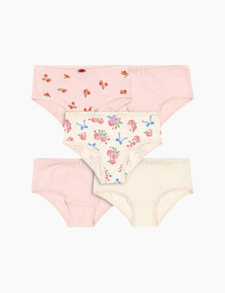 Set of five pairs of underwear with floral and bow designs on a white background