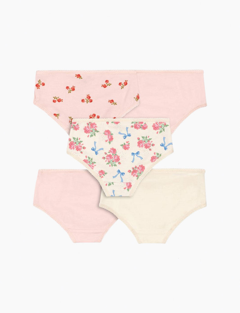 Set of five pairs of underwear with floral and bow designs on a white background