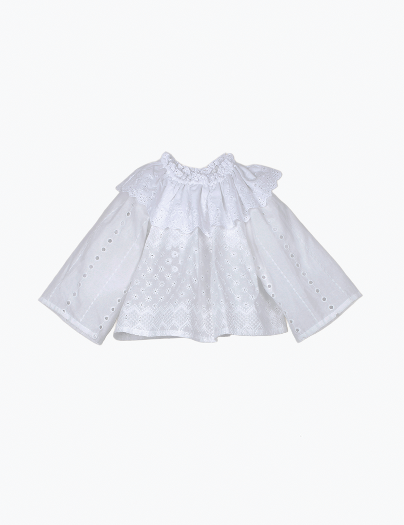 White blouse with ruffled sleeves on a white background