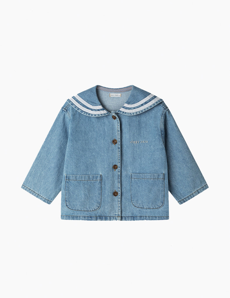 Blue denim jacket with white trim on a light gray background
