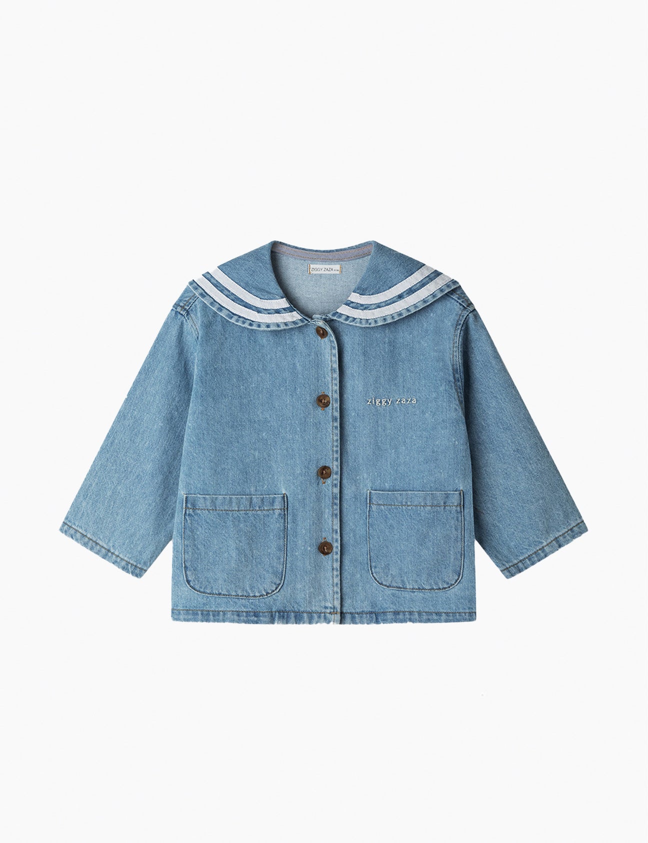 Blue denim jacket with white trim on a light gray background
