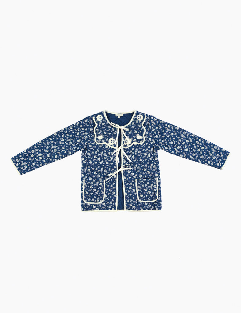 Blue floral-patterned jacket on a white background