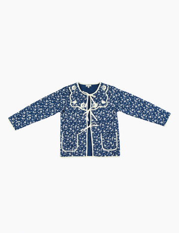 Blue floral-patterned jacket on a white background