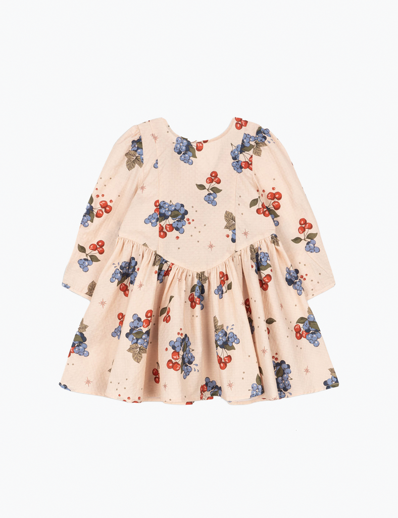 Beige dress with floral and berry pattern on a white background