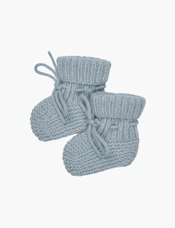 Pair of light blue knitted baby booties on a white background
