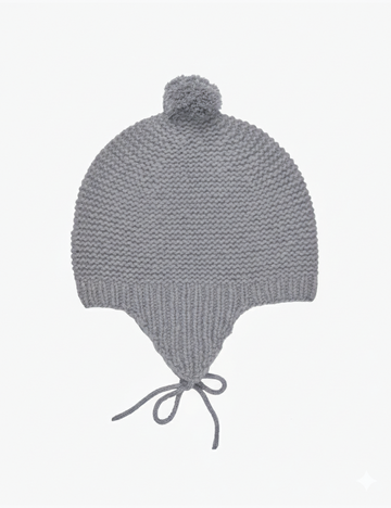 Gray knitted baby hat with a pom-pom on a white background