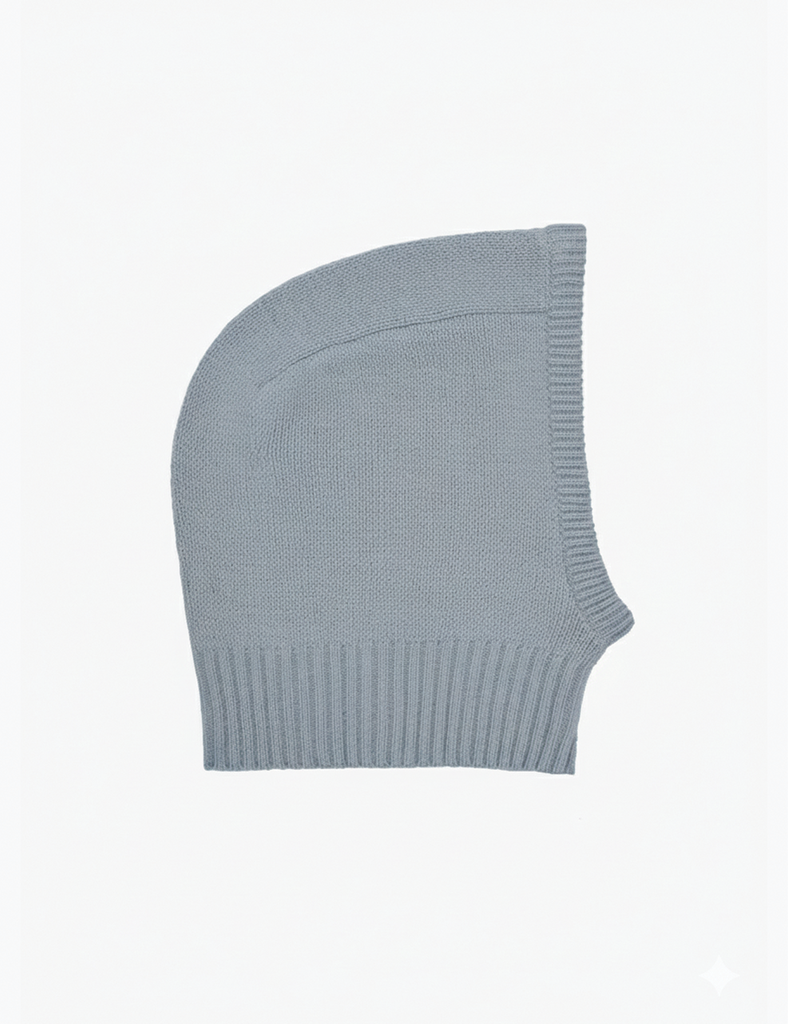 Image of a blue grey knitted balaclava on a white background.