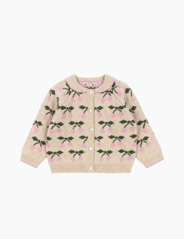 Knitted cardigan with cherry pattern on a white background