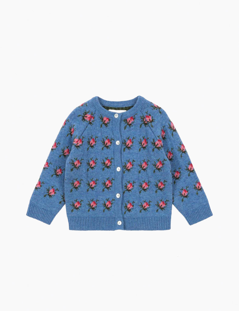 Blue cardigan with floral pattern on a white background