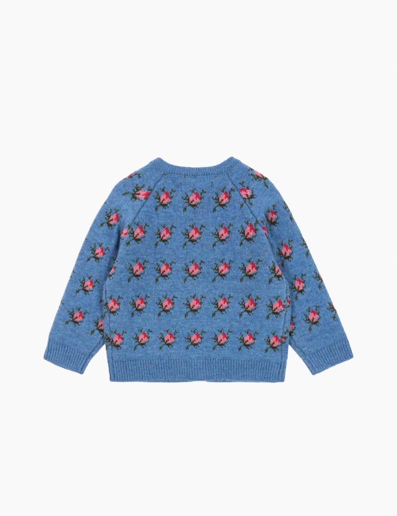 Blue sweater with red floral patterns on a white background