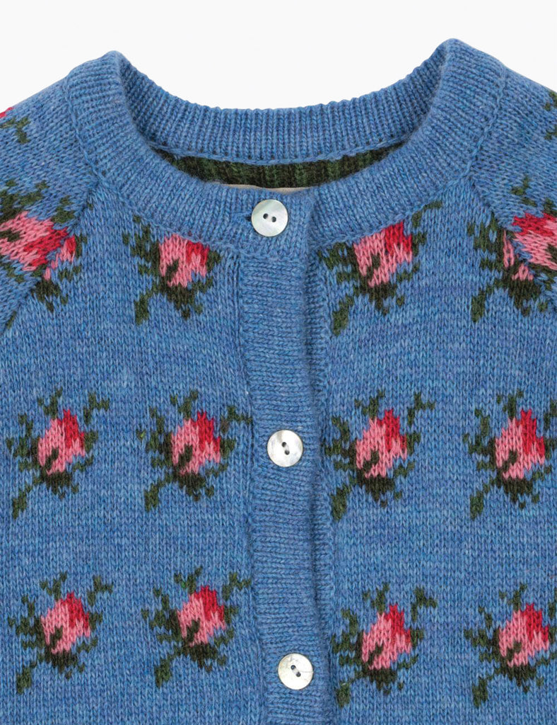 Blue knitted cardigan with pink floral pattern and buttons on a white background