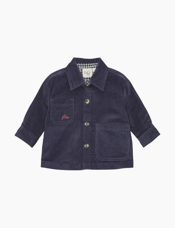 Image of a navy blue corduroy shirt with red embroidery on a white background.