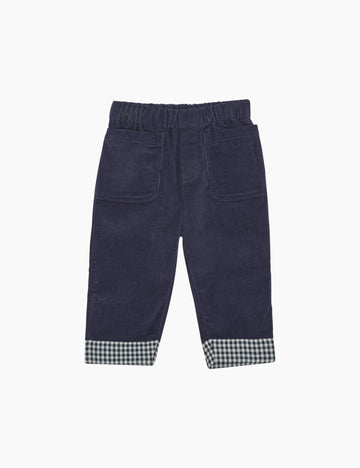 Navy blue pants with checkered cuffs on a white background
