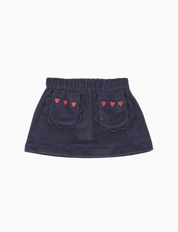 Navy blue skirt with heart details on a white background