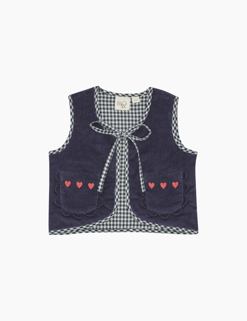 Navy blue vest with checkered pattern and heart details on a white background