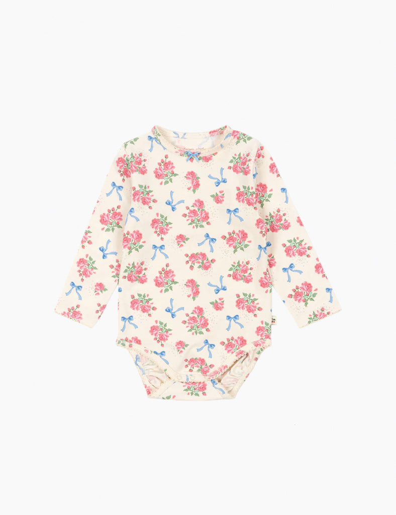 Image of a baby long sleeve bodysuit with a floral and bow print.