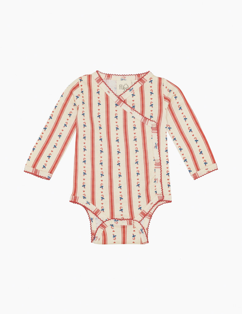 Baby onesie with red and white striped pattern on a white background
