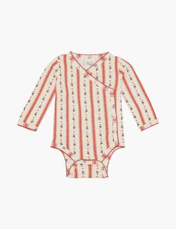 Baby onesie with red and white striped pattern on a white background