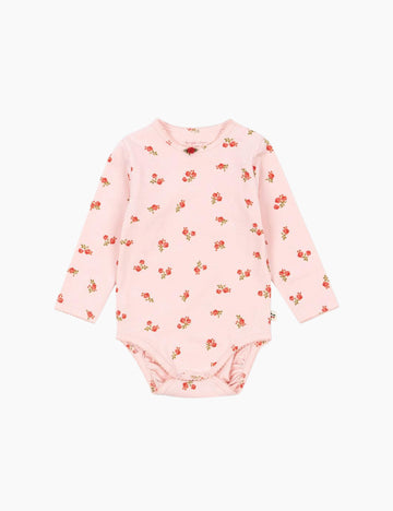 Pink baby bodysuit with floral pattern on a white background