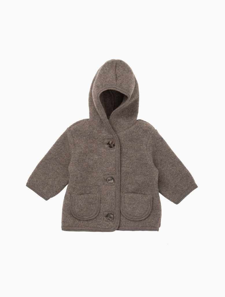 Brown children's hooded jacket on a white background