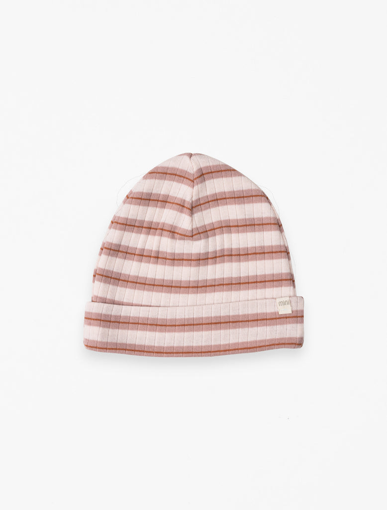 Baby beanie in sunset stripes flat lay image.