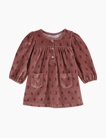 Mauve dress with floral pattern on a white background