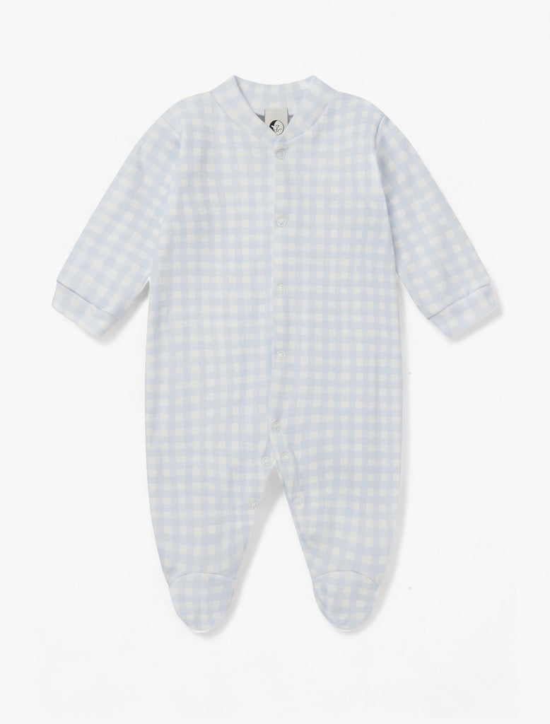 Baby Sleepsuit in Blue Gingham flat lay image.