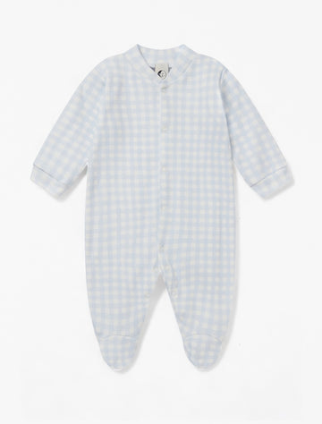 Baby Sleepsuit in Blue Gingham flat lay image.