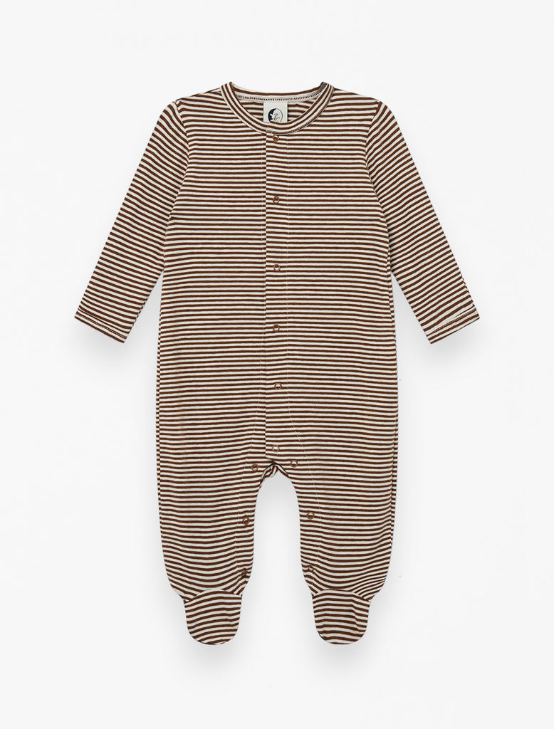 Baby Sleepsuit in Chocolate Stripe flat lay image.