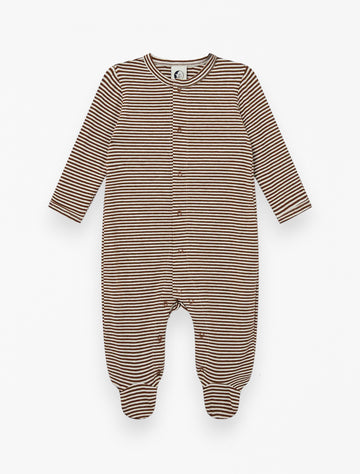 Baby Sleepsuit in Chocolate Stripe flat lay image.