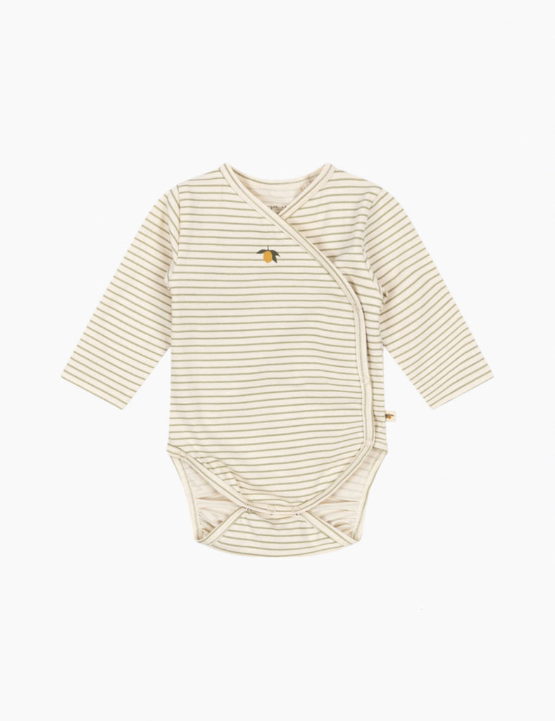 Image of the Basic Kimono Bodysuit in Tea Stripe.