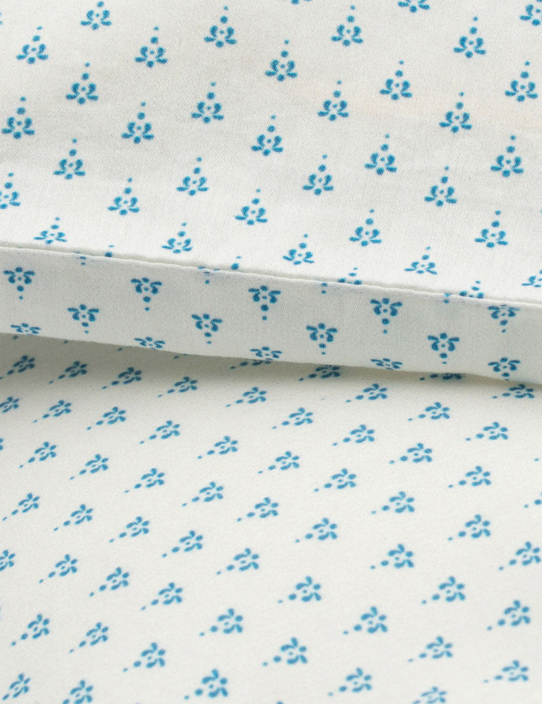 Close-up of fabric with blue floral pattern on white background