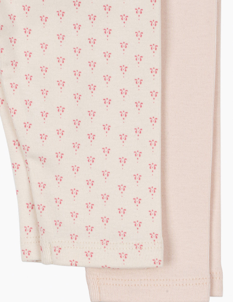 Close-up of a pink and white patterned fabric with small floral designs.