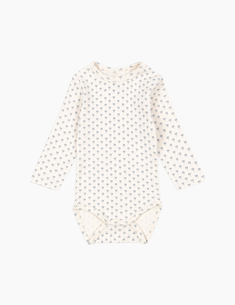 Long-sleeve baby bodysuit with a subtle pattern on a white background