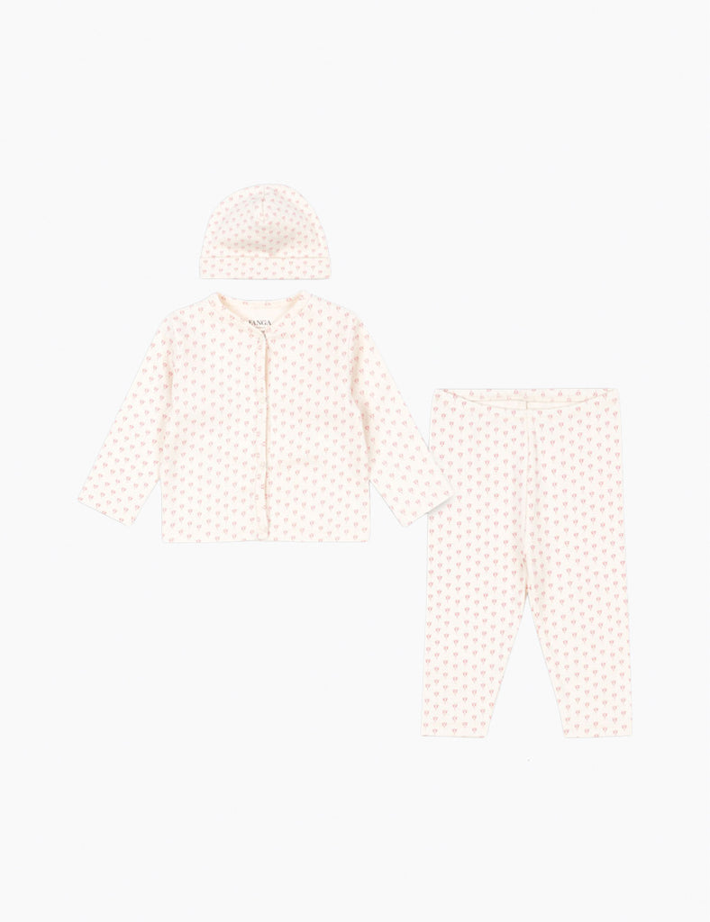 Newborn outfit with a jacket, pants, and hat on a white background