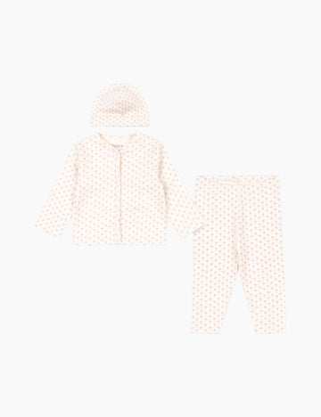 Newborn outfit with a jacket, pants, and hat on a white background