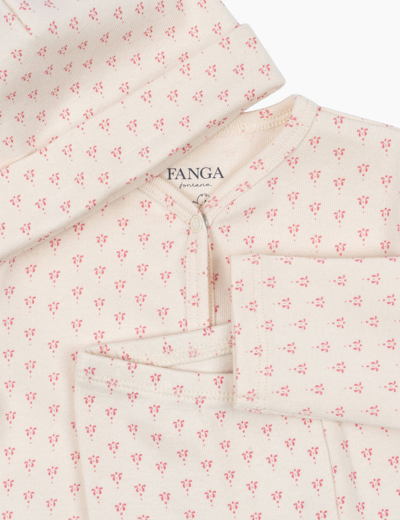 Floral-patterned fabric with 'FANGA' branding on a white background