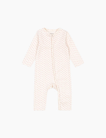 Image of a baby romper with an allover delicate print.