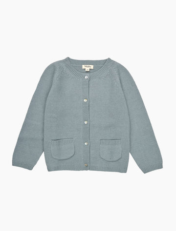 Light blue cardigan with button details on a white background