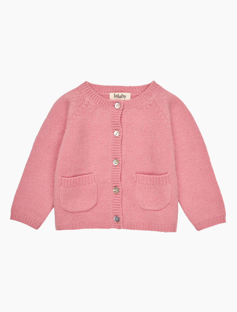 Pink cardigan with button details on a white background