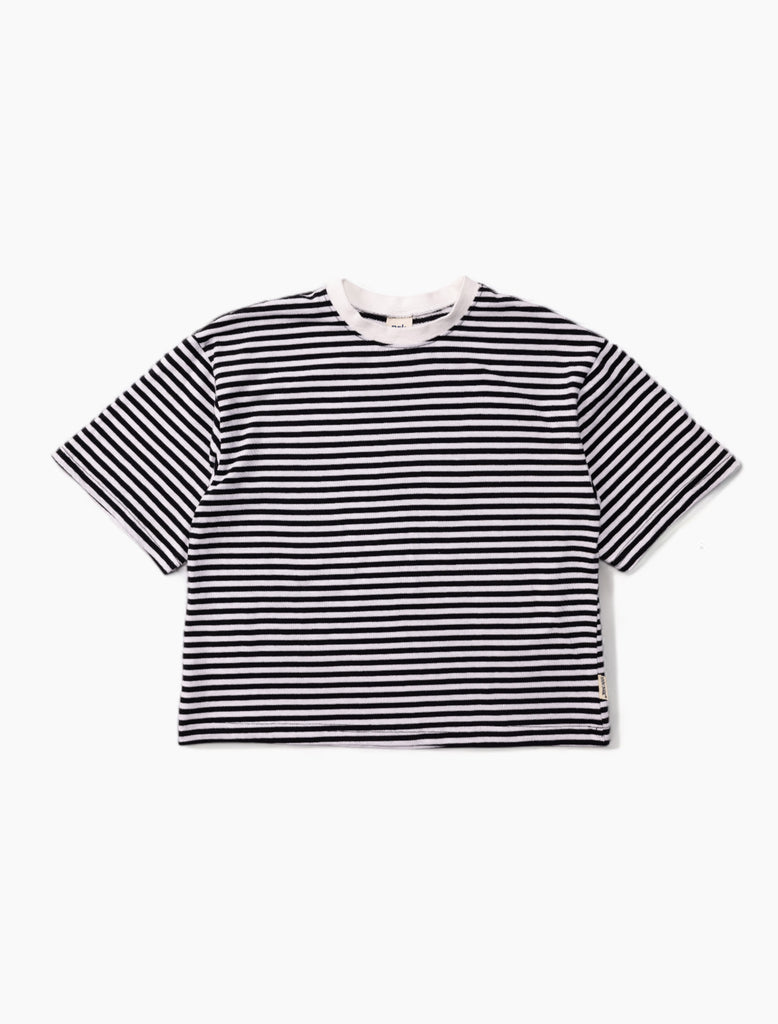 Boxy Stripe Tee with Black and White Stripes flat image.
