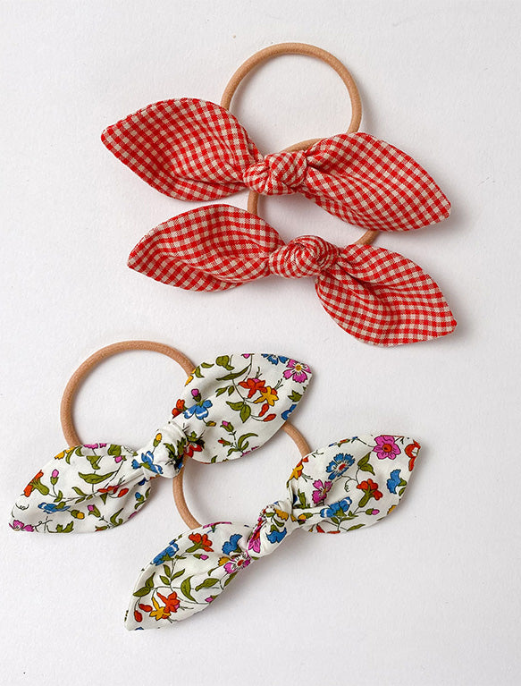 Image of Bunny Hair Ties in Liberty Hedgerow.Image of Bunny Hair Ties in Tomato Mini Check.