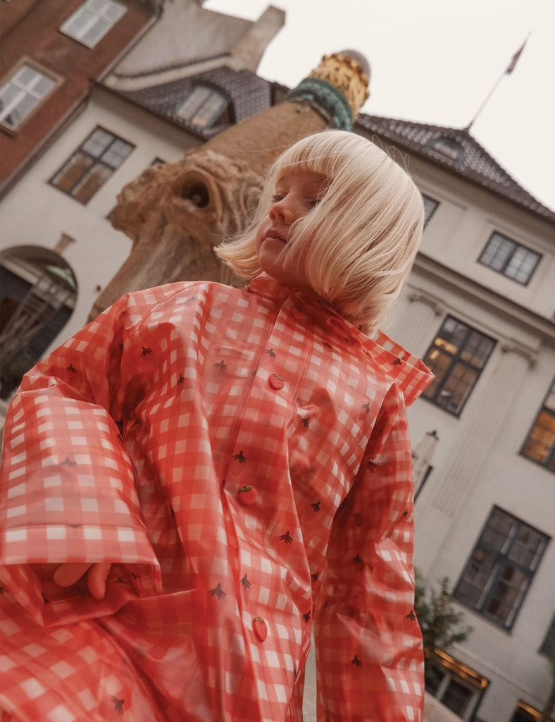 Person wearing a red checkered raincoat in front of a historic building with a statue.