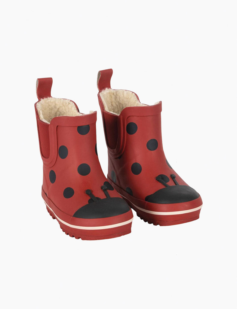 Image of child's rainboots with an allover ladybug print on a white background.