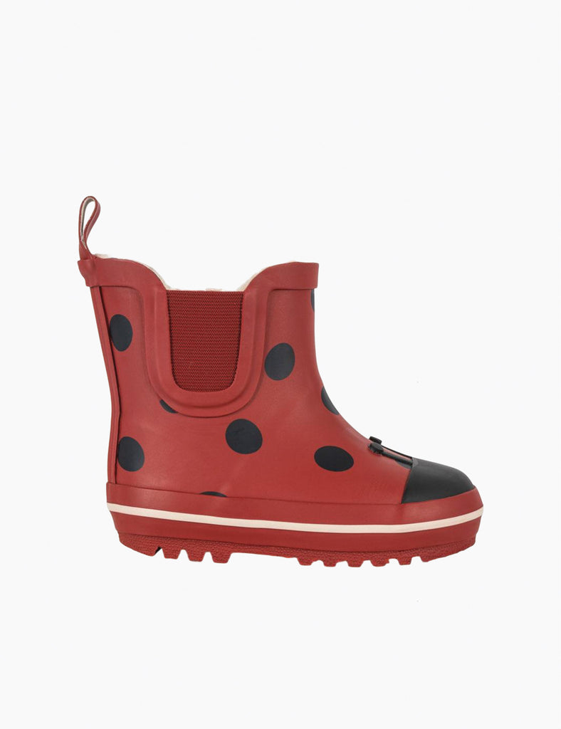 Image of child's rainboots with an allover ladybug print on a white background.