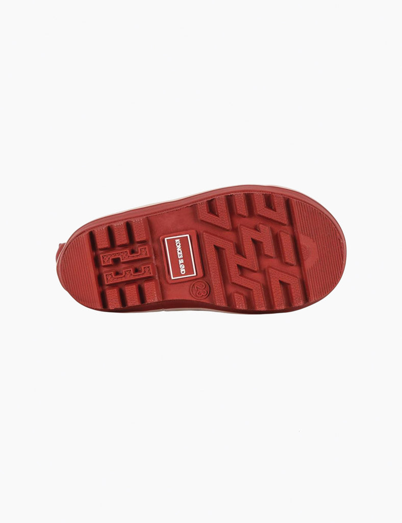 Image of child's rainboots with an allover ladybug print on a white background.