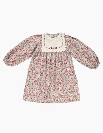 Floral dress with a white collar on a white background