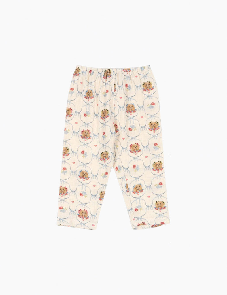 Puppy patterned print on cotton pants.